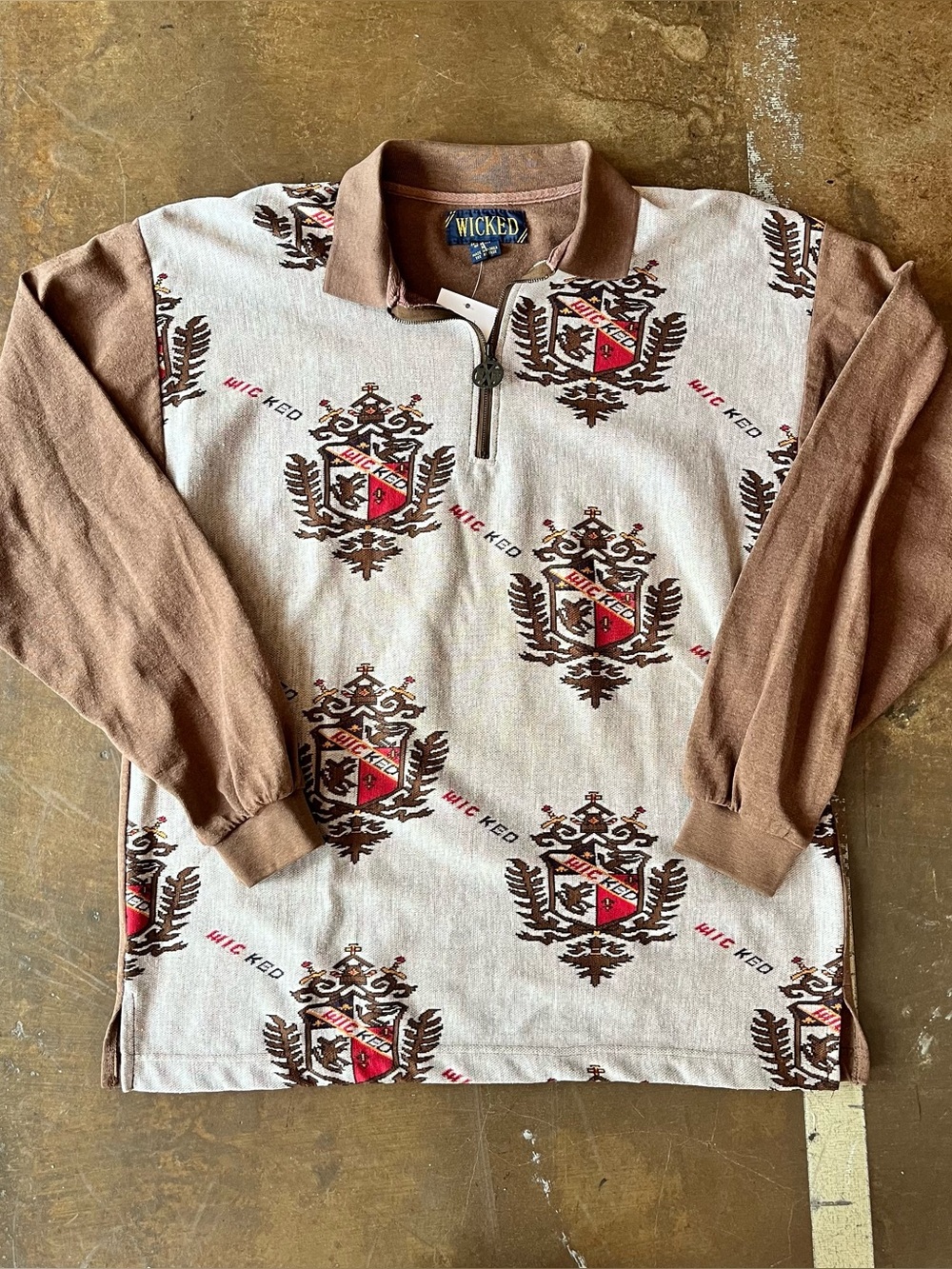 Wicked Vintage 90s Brown Crest Logo Knit Quarter Zip Knit Long Sleeve Medium M